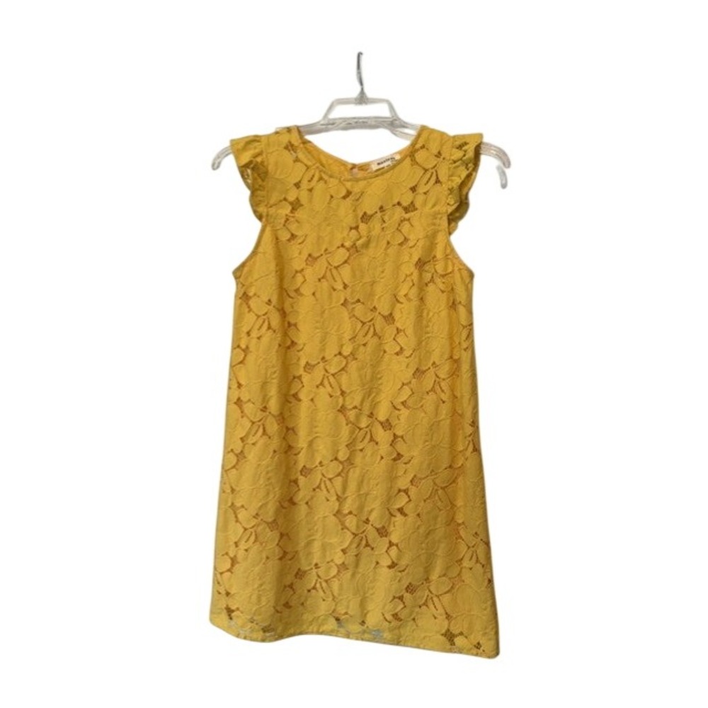 Monteau Los Angeles M Yellow Lace Shift Dress Ruffle Sleeve Lined Spring‎ Summer